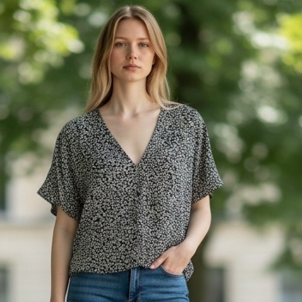 Madewell Black White Ditsy Floral Button Front Crop Blouse Top NJ671 Womens L